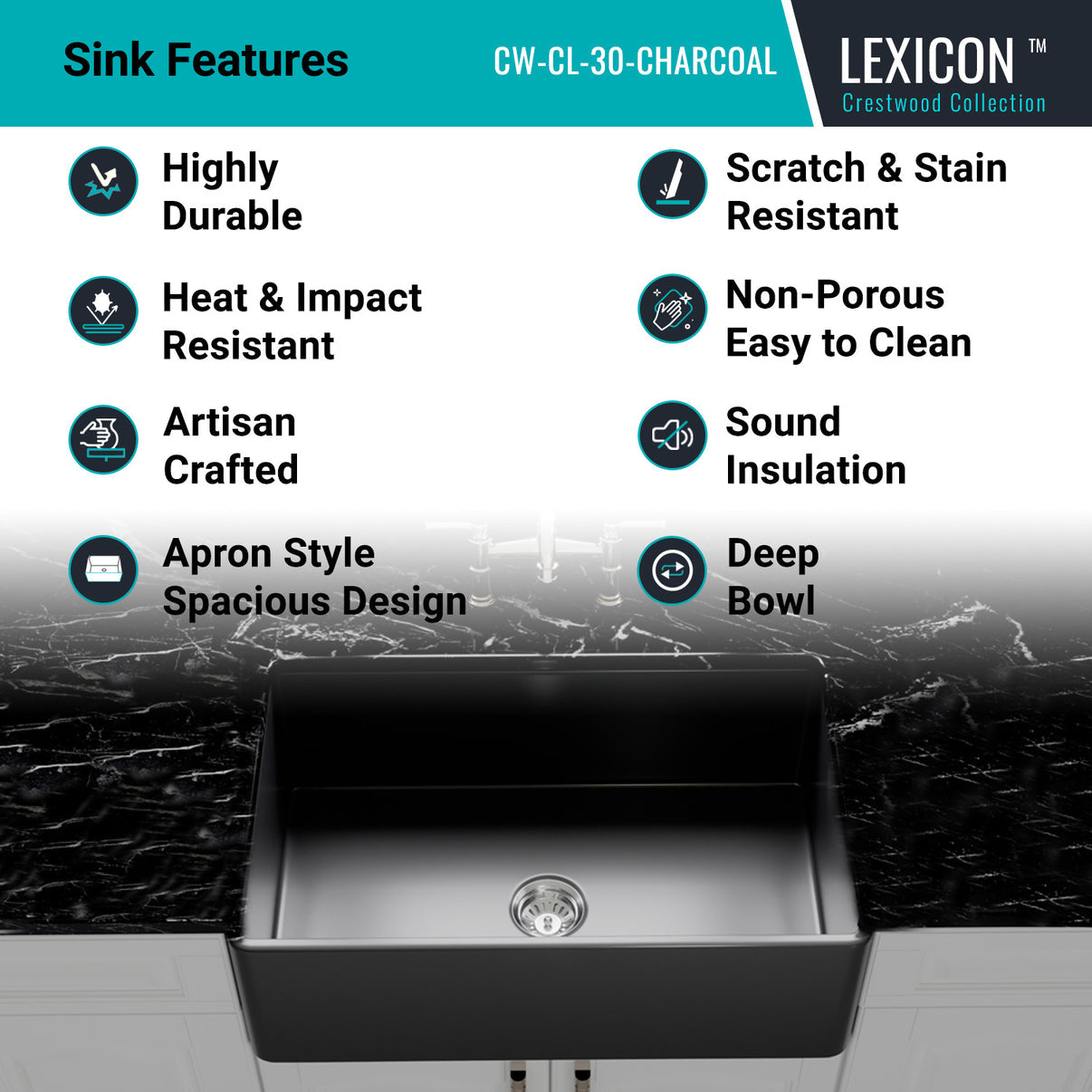 Alternate Image for Crestwood 30" Fireclay Farmhouse Sink, Charcoal, CW-CL-30-CHARCOAL