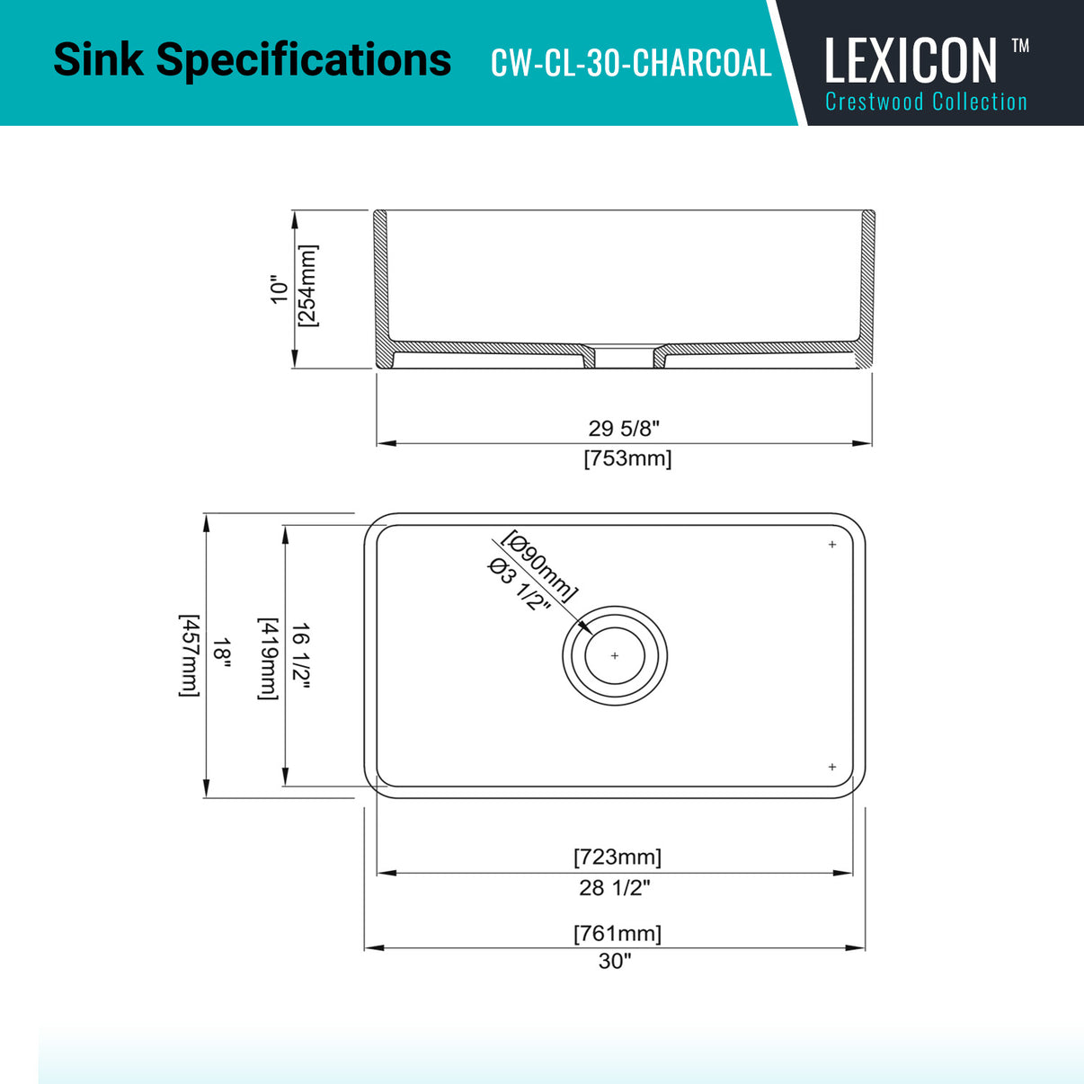 Alternate Image for Crestwood 30" Fireclay Farmhouse Sink, Charcoal, CW-CL-30-CHARCOAL