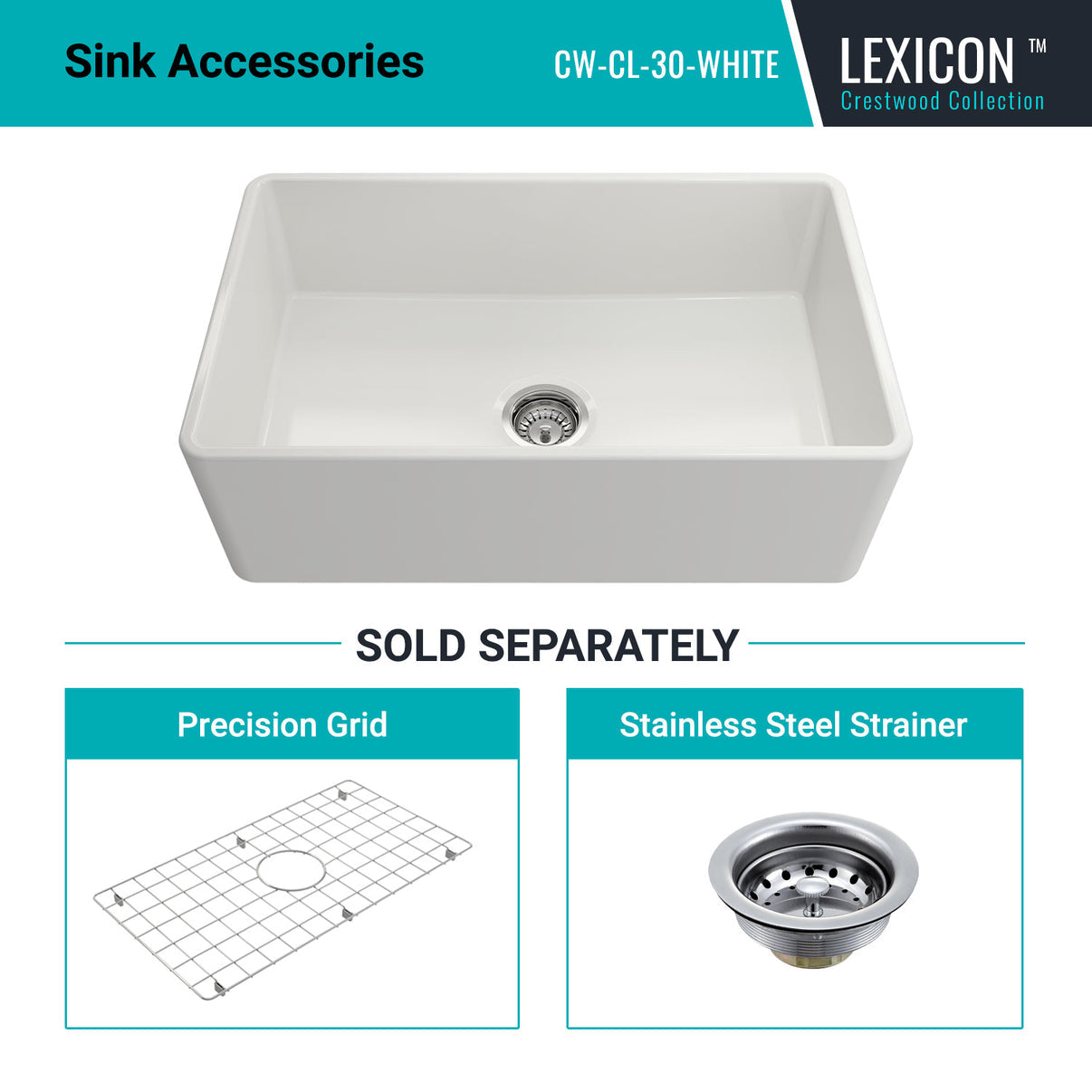 Alternate Image for Crestwood 30" Fireclay Farmhouse Sink, White, CW-CL-30-WHITE