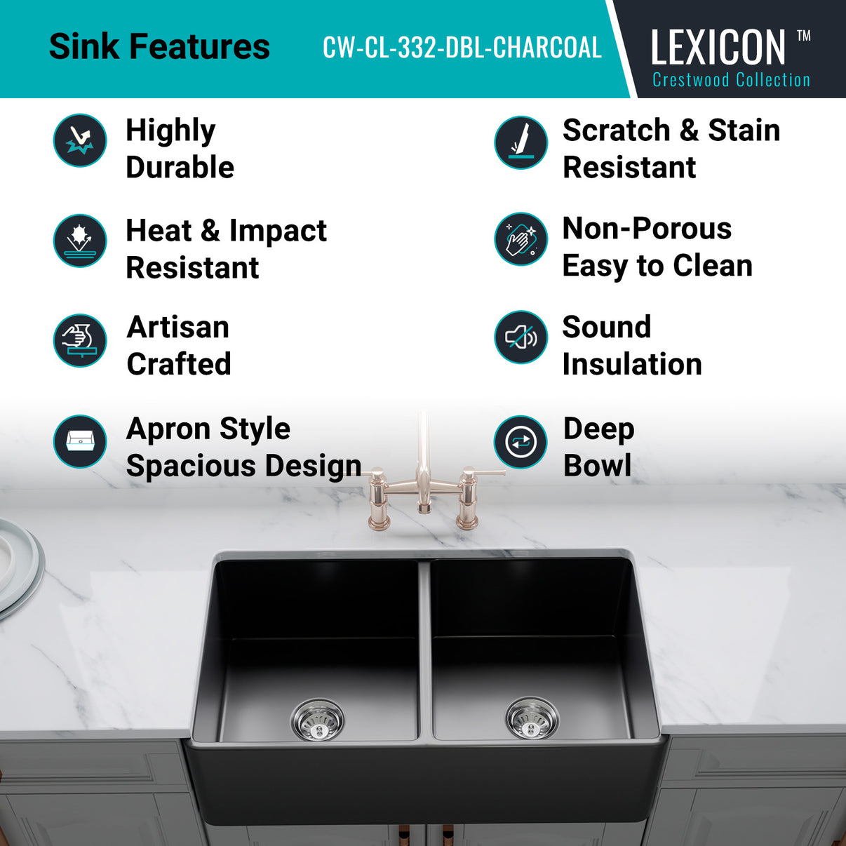 Alternate Image for Crestwood 33" Fireclay Farmhouse Sink 50/50 Double Bowl, Charcoal, CW-CL-332-DBL-CHARCOAL