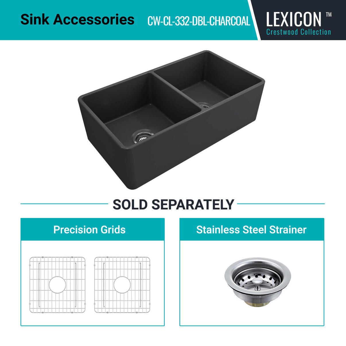 Alternate Image for Crestwood 33" Fireclay Farmhouse Sink 50/50 Double Bowl, Charcoal, CW-CL-332-DBL-CHARCOAL