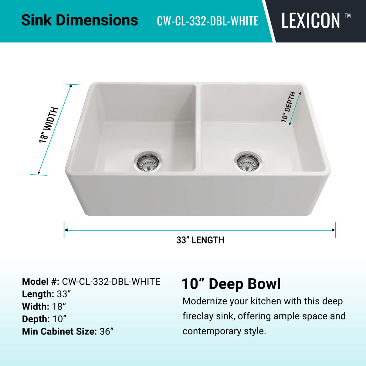 Alternate Image for Crestwood 33" Fireclay Farmhouse Sink 50/50 Double Bowl, White, CW-CL-332-DBL-WHITE