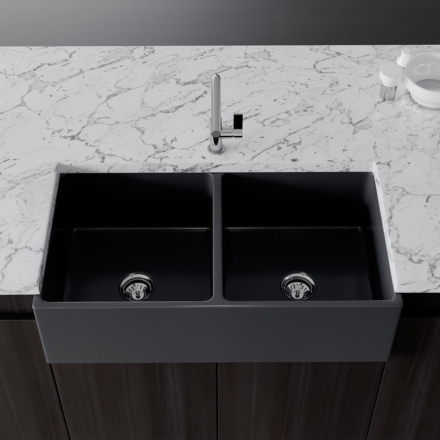 Crestwood 36" Fireclay Farmhouse Sink 50/50 Double Bowl, Charcoal, CW-MOD-362-DBL-CHARCOAL