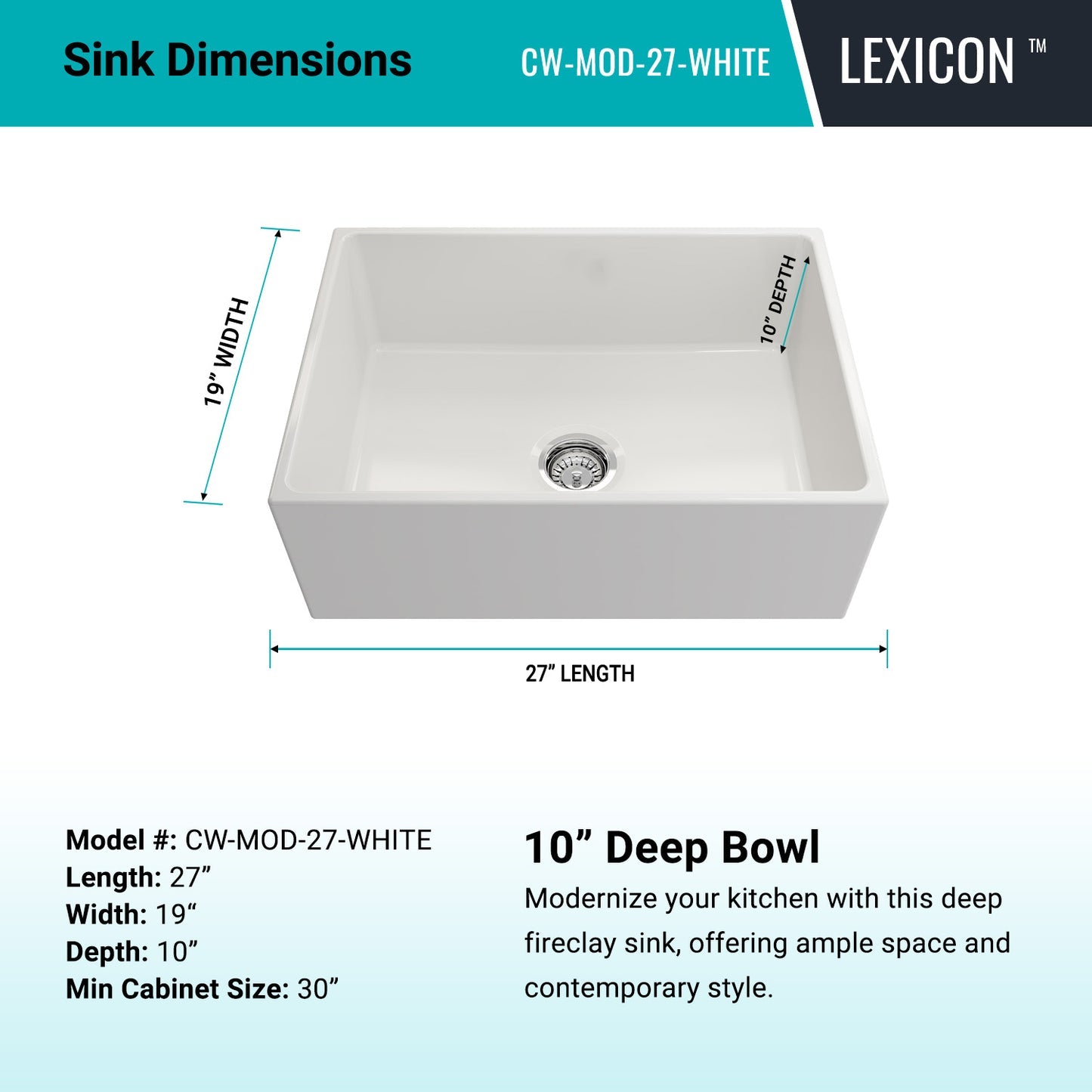 Alternate Image for Crestwood 27" Fireclay Farmhouse Sink, White, CW-MOD-27-WHITE