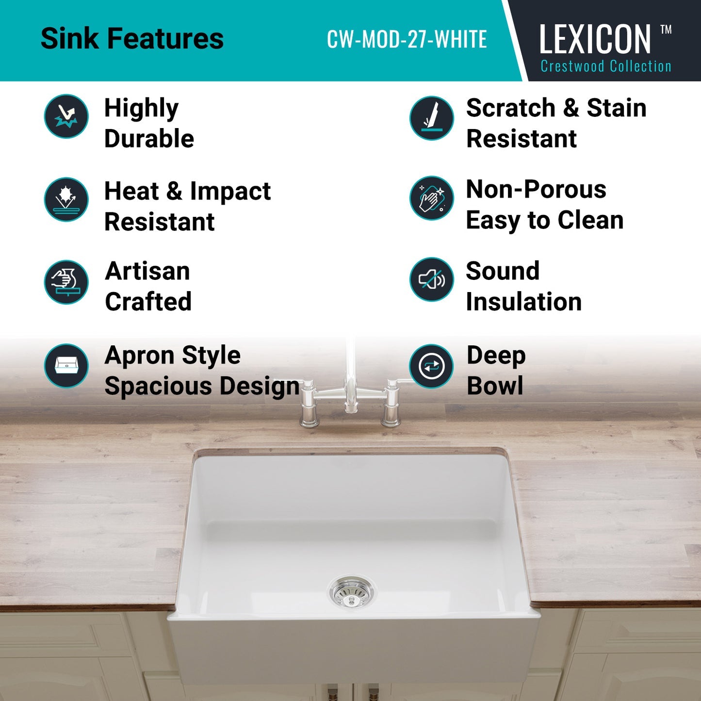 Alternate Image for Crestwood 27" Fireclay Farmhouse Sink, White, CW-MOD-27-WHITE