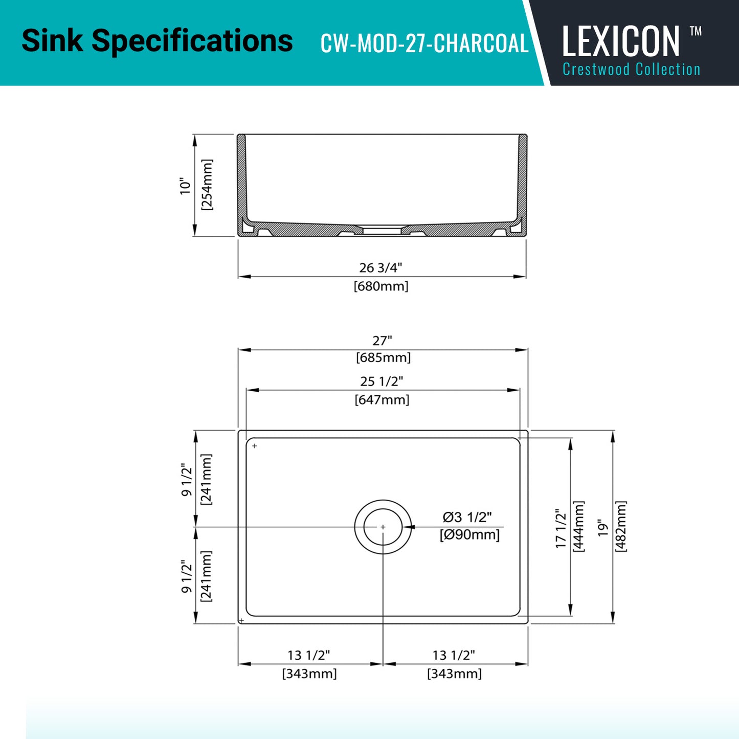 Alternate Image for Crestwood 27" Fireclay Farmhouse Sink, Charcoal, CW-MOD-27-CHARCOAL