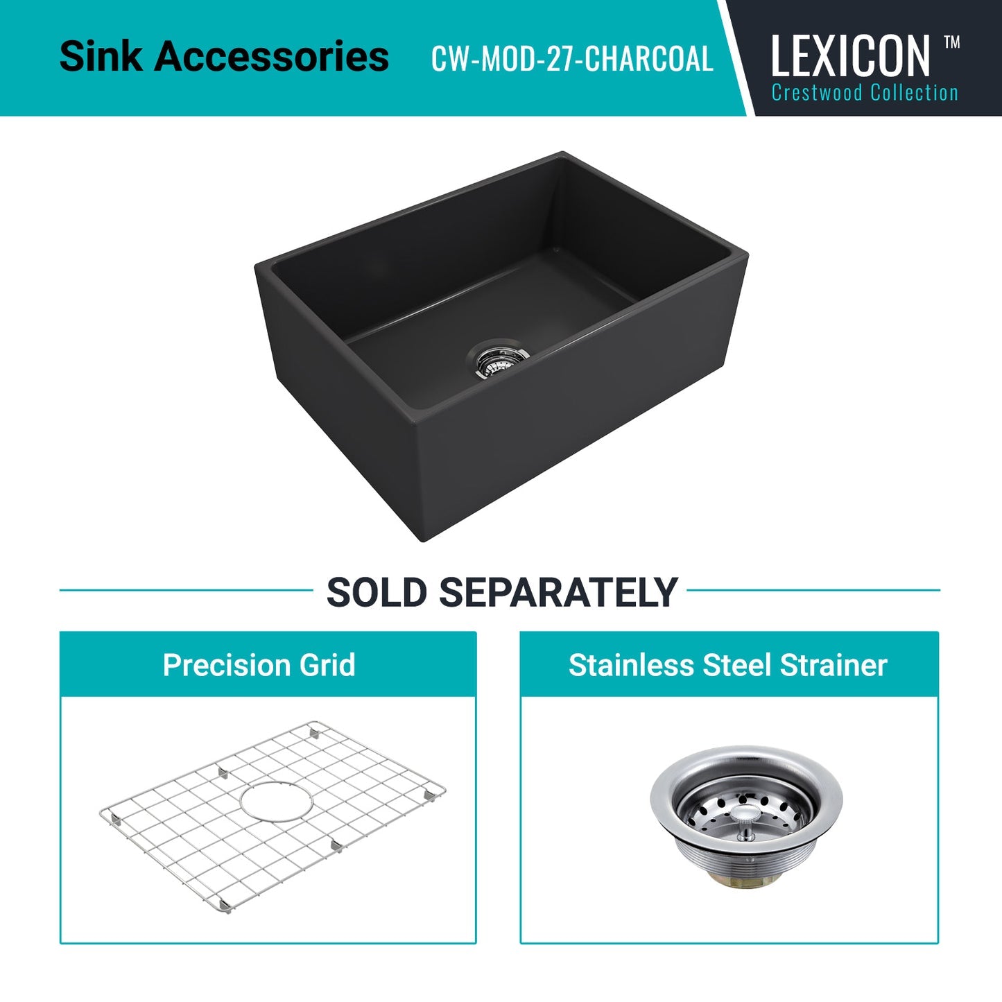 Alternate Image for Crestwood 27" Fireclay Farmhouse Sink, Charcoal, CW-MOD-27-CHARCOAL
