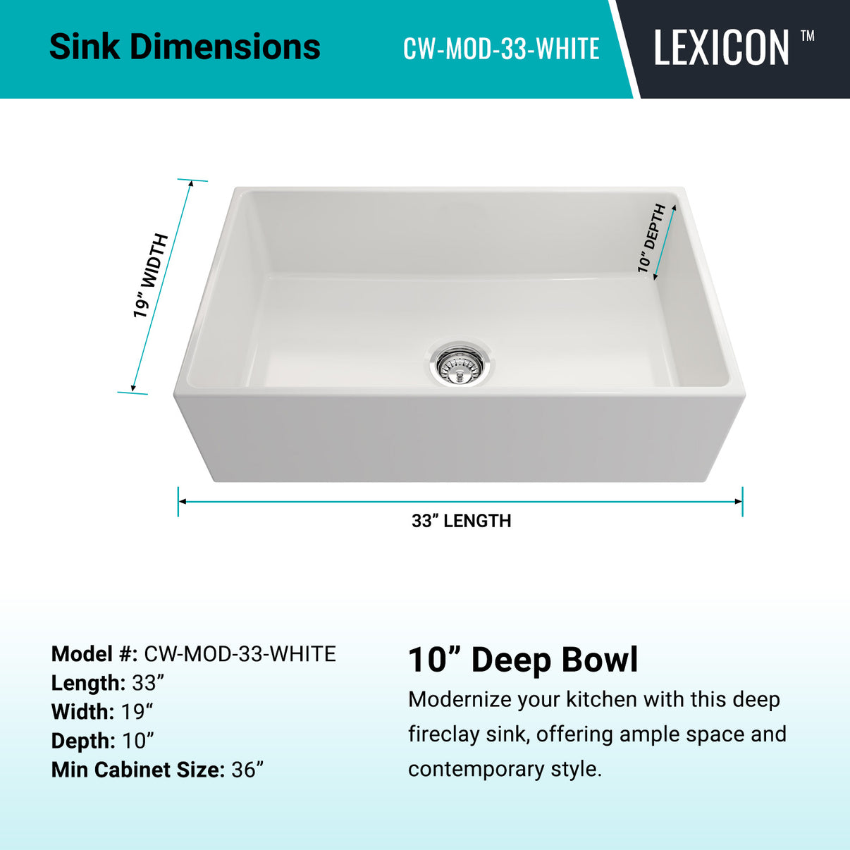 Alternate Image for Crestwood 33" Fireclay Farmhouse Sink, White, CW-MOD-33-WHITE