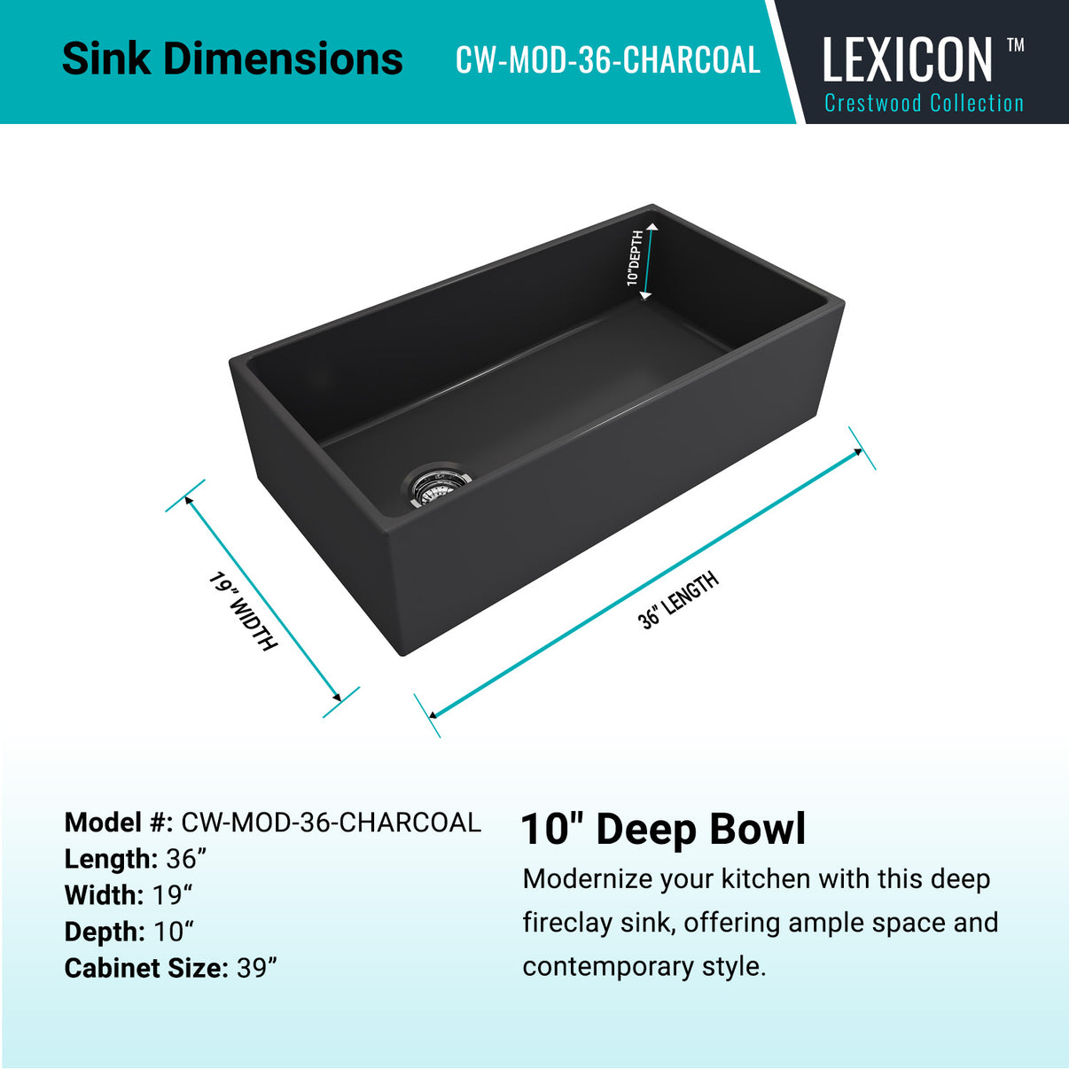 Alternate Image for Crestwood 36" Fireclay Farmhouse Sink, Charcoal, CW-MOD-36-CHARCOAL