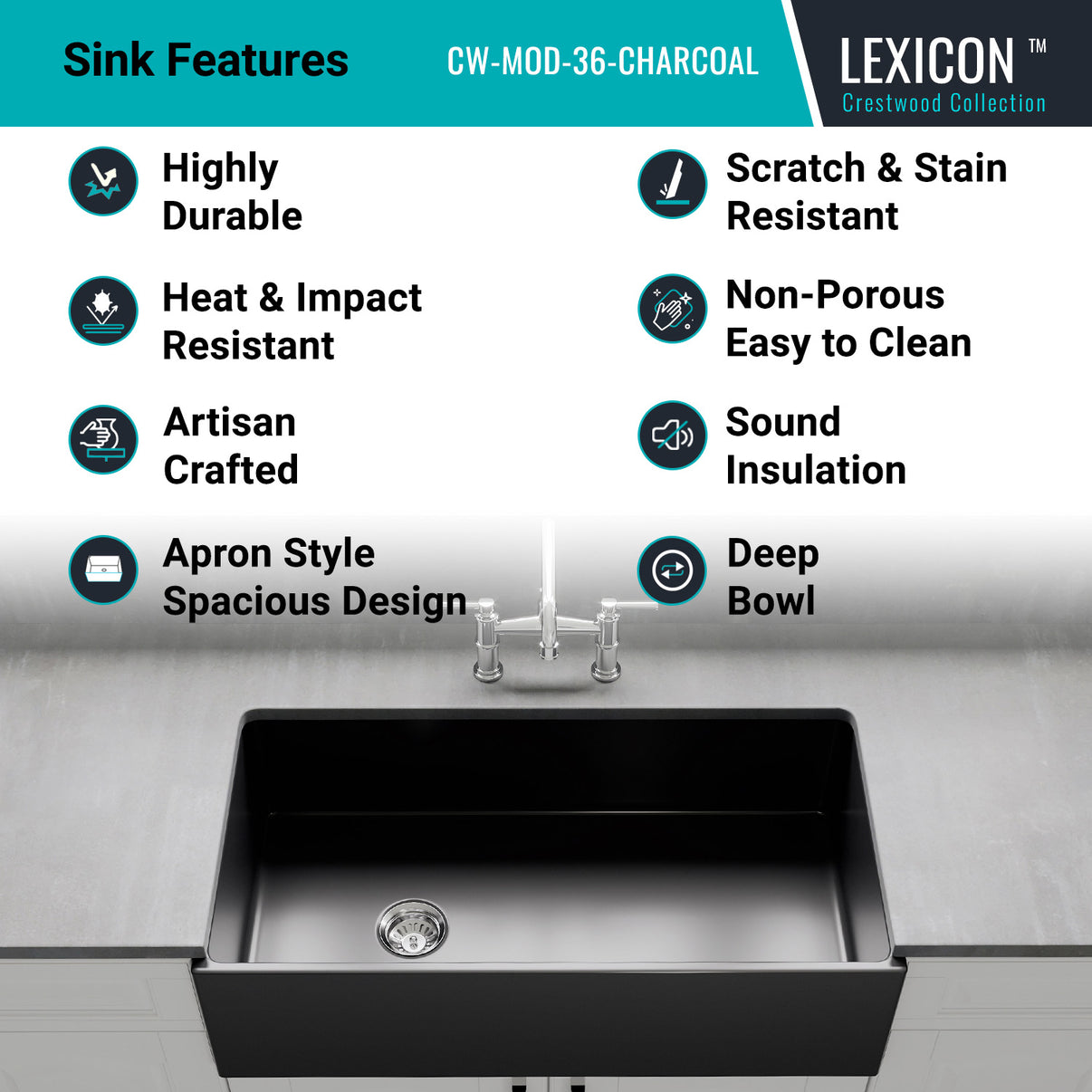 Alternate Image for Crestwood 36" Fireclay Farmhouse Sink, Charcoal, CW-MOD-36-CHARCOAL