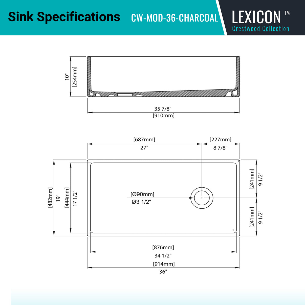 Alternate Image for Crestwood 36" Fireclay Farmhouse Sink, Charcoal, CW-MOD-36-CHARCOAL