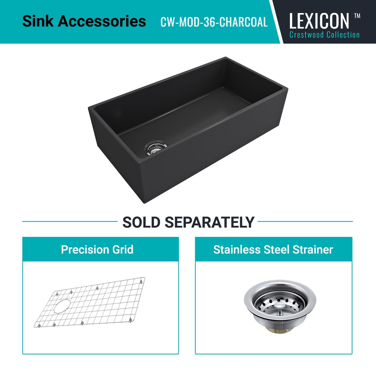 Alternate Image for Crestwood 36" Fireclay Farmhouse Sink, Charcoal, CW-MOD-36-CHARCOAL