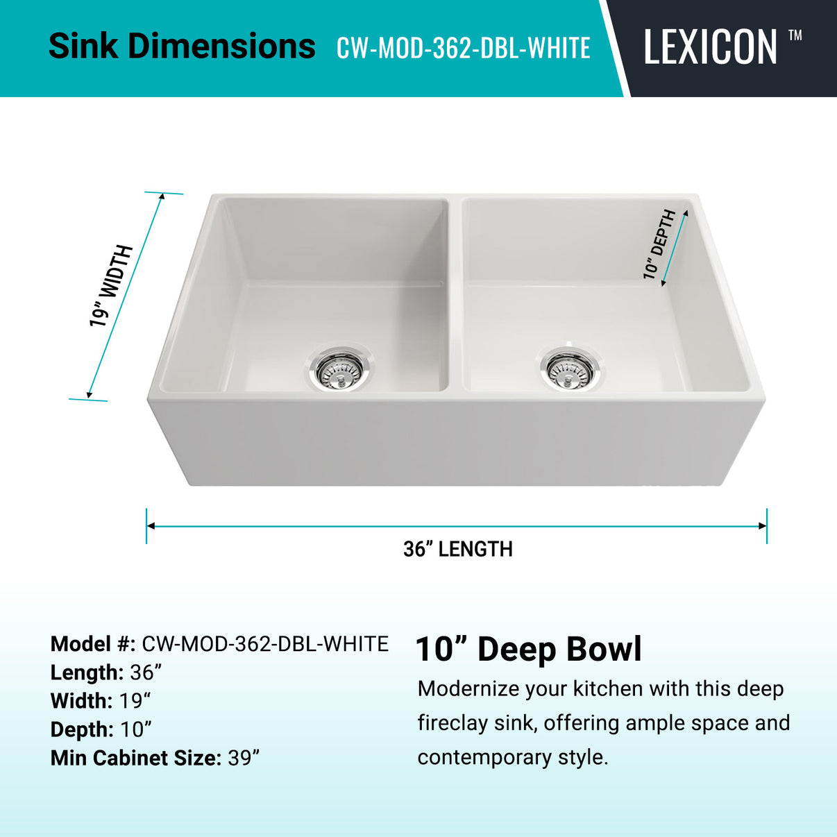 Alternate Image for Crestwood 36" Fireclay Farmhouse Sink 50/50 Double Bowl, White, CW-MOD-362-DBL-WHITE