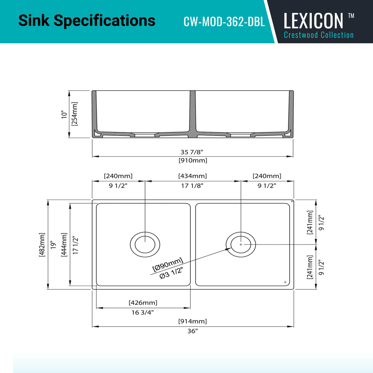 Alternate Image for Crestwood 36" Fireclay Farmhouse Sink 50/50 Double Bowl, White, CW-MOD-362-DBL-WHITE