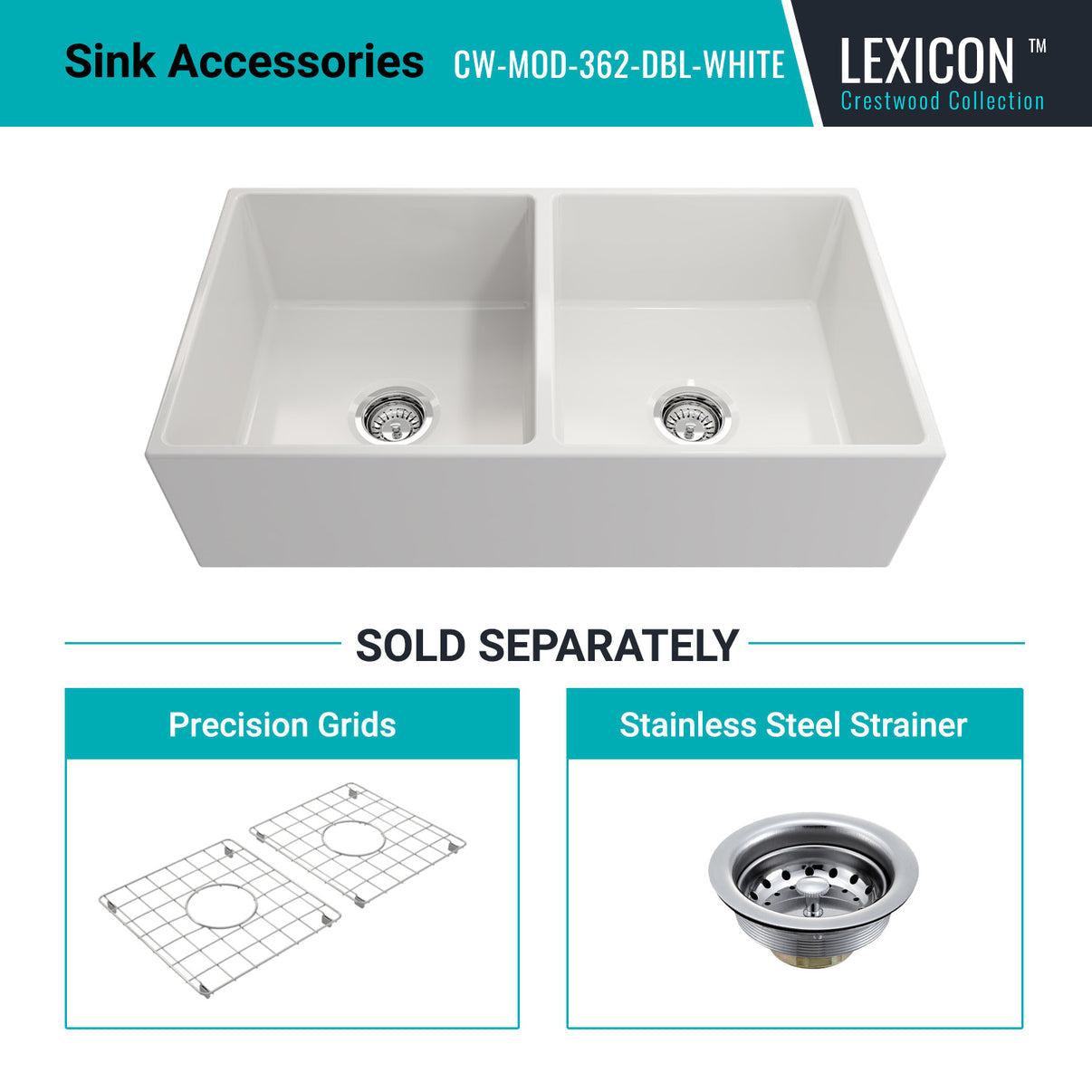 Alternate Image for Crestwood 36" Fireclay Farmhouse Sink 50/50 Double Bowl, White, CW-MOD-362-DBL-WHITE