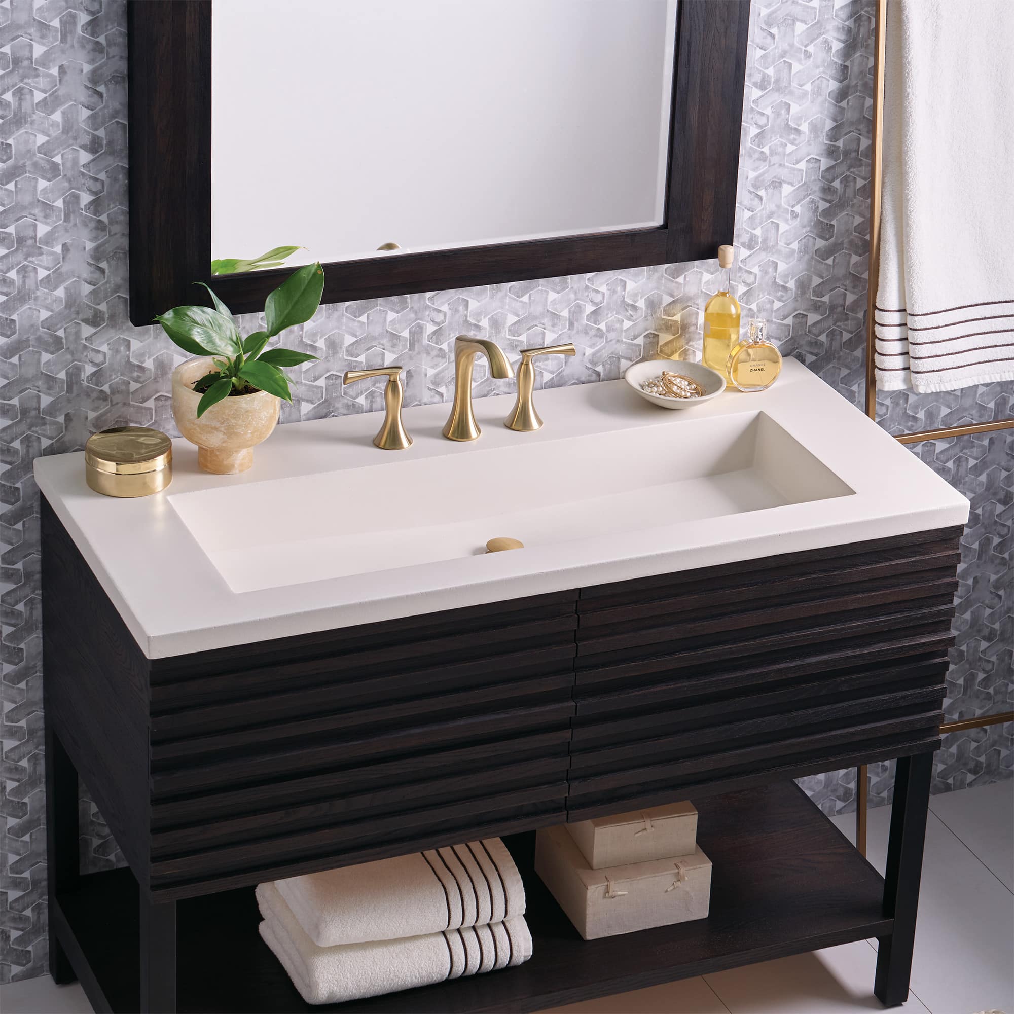 Native Trails 48" Capistrano ADA Vanity Top with Integral Trough Sink in Pearl, 8" Widespread Faucet Cutout, NSVT48-P