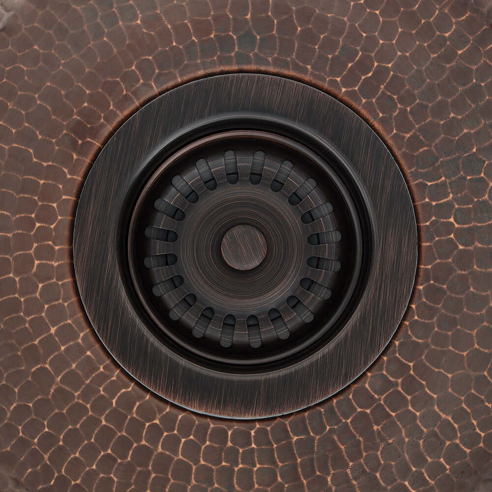 Alternate Image for Premier Copper Products 33" Hammered Copper Kitchen Apron 50/50 Double Basin Farmhouse Sink w/ Scroll Design and Apron Front Nickel Background with Matching Drains, and Accessories, Oil Rubbed Bronze and Nickel, KSP3_KA50DB33229S-NB