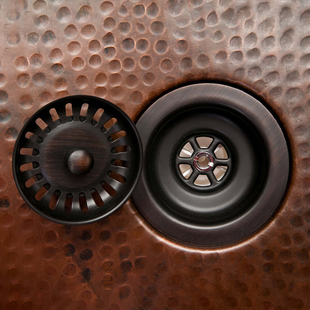 Alternate Image for Premier Copper Products 33" Hammered Copper Kitchen Apron 60/40 Double Basin Farmhouse Sink w/ Scroll Design with Matching Drains, and Accessories, Oil Rubbed Bronze, KSP3_KA60DB33229S