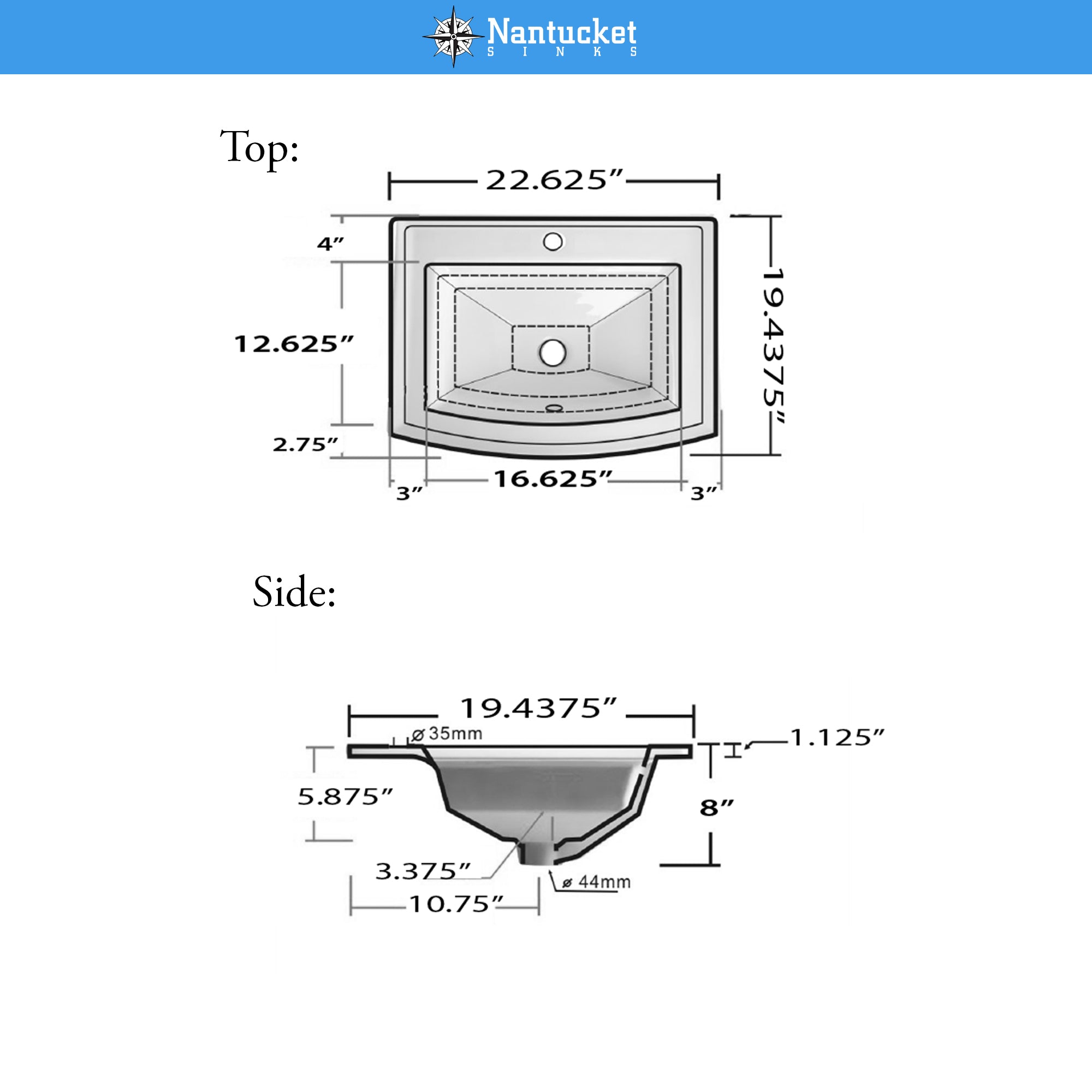 Nantucket Sinks Great Point 22.625" x 19.4375" Rectangular Drop In/Topmount Ceramic - Vitreous China ADA Bathroom Sink with Accessories, White, DI-2320-R1