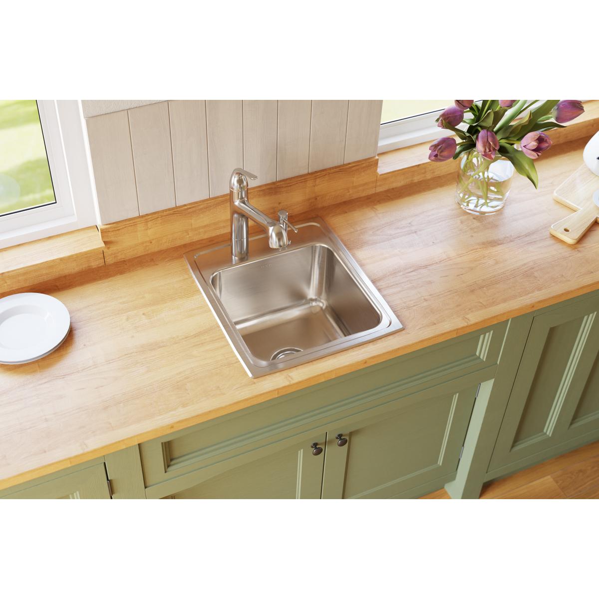 Elkay Lustertone Classic 17" Drop In/Topmount Stainless Steel Kitchen Sink, Lustrous Satin, OS4 Faucet Holes, DLR172010OS4