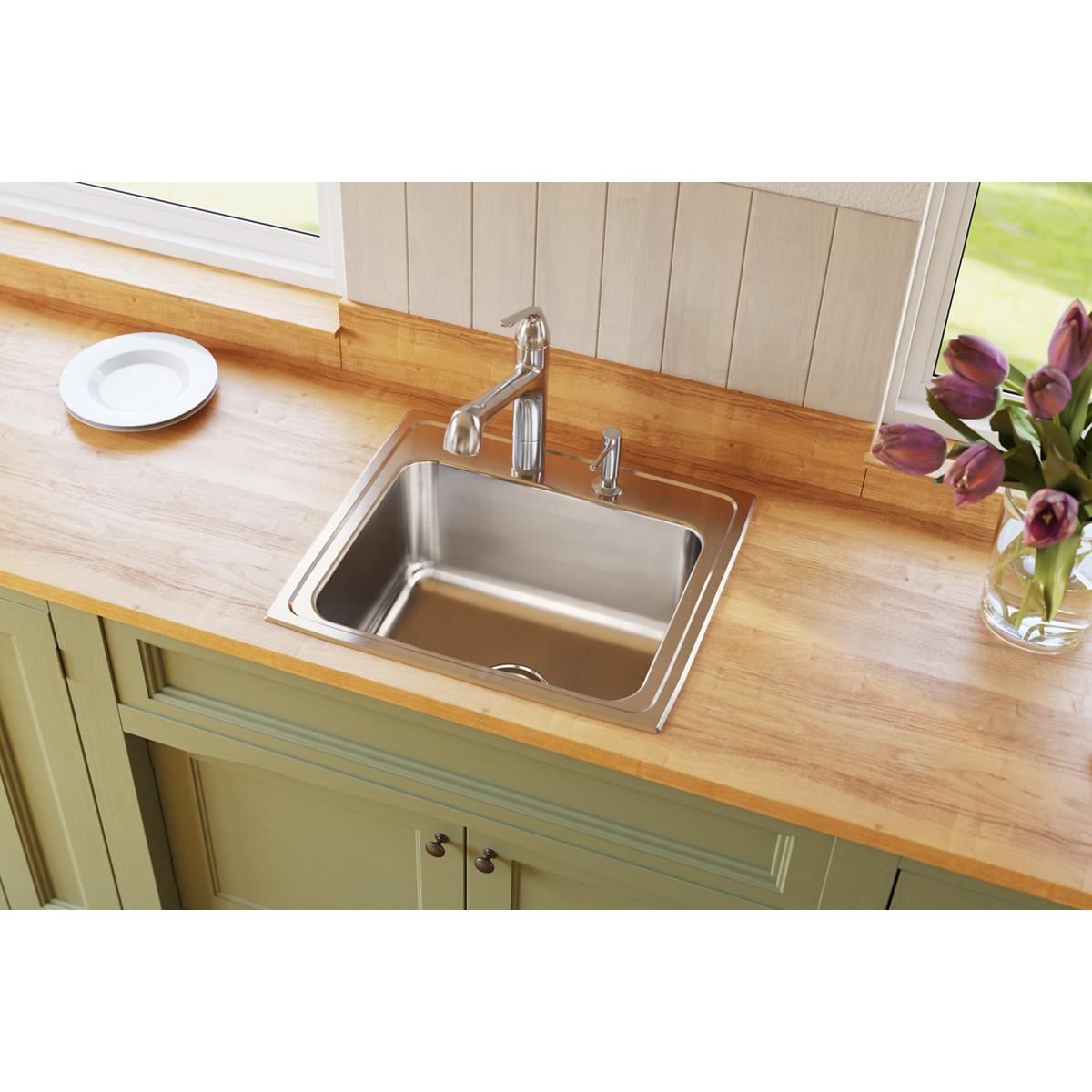 Elkay Lustertone Classic 22" Drop In/Topmount Stainless Steel Kitchen Sink, Lustrous Satin, 2 Faucet Holes, DLRQ2219102