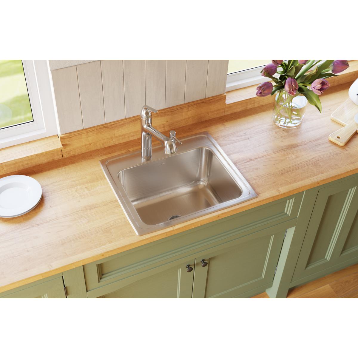 Elkay Lustertone Classic 22" Drop In/Topmount Stainless Steel Kitchen Sink, Lustrous Satin, No Faucet Hole, DLR221910PD0