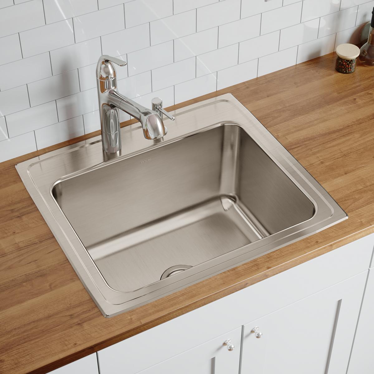 Elkay Lustertone Classic 25" Drop In/Topmount Stainless Steel Kitchen Sink, Lustrous Satin, 4 Faucet Holes, DLR2522124