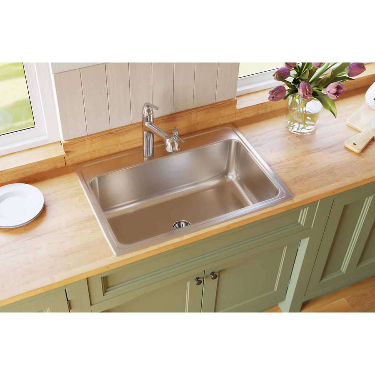 Elkay Lustertone Classic 31" Drop In/Topmount Stainless Steel Kitchen Sink, Lustrous Satin, No Faucet Hole, DLR312210PD0