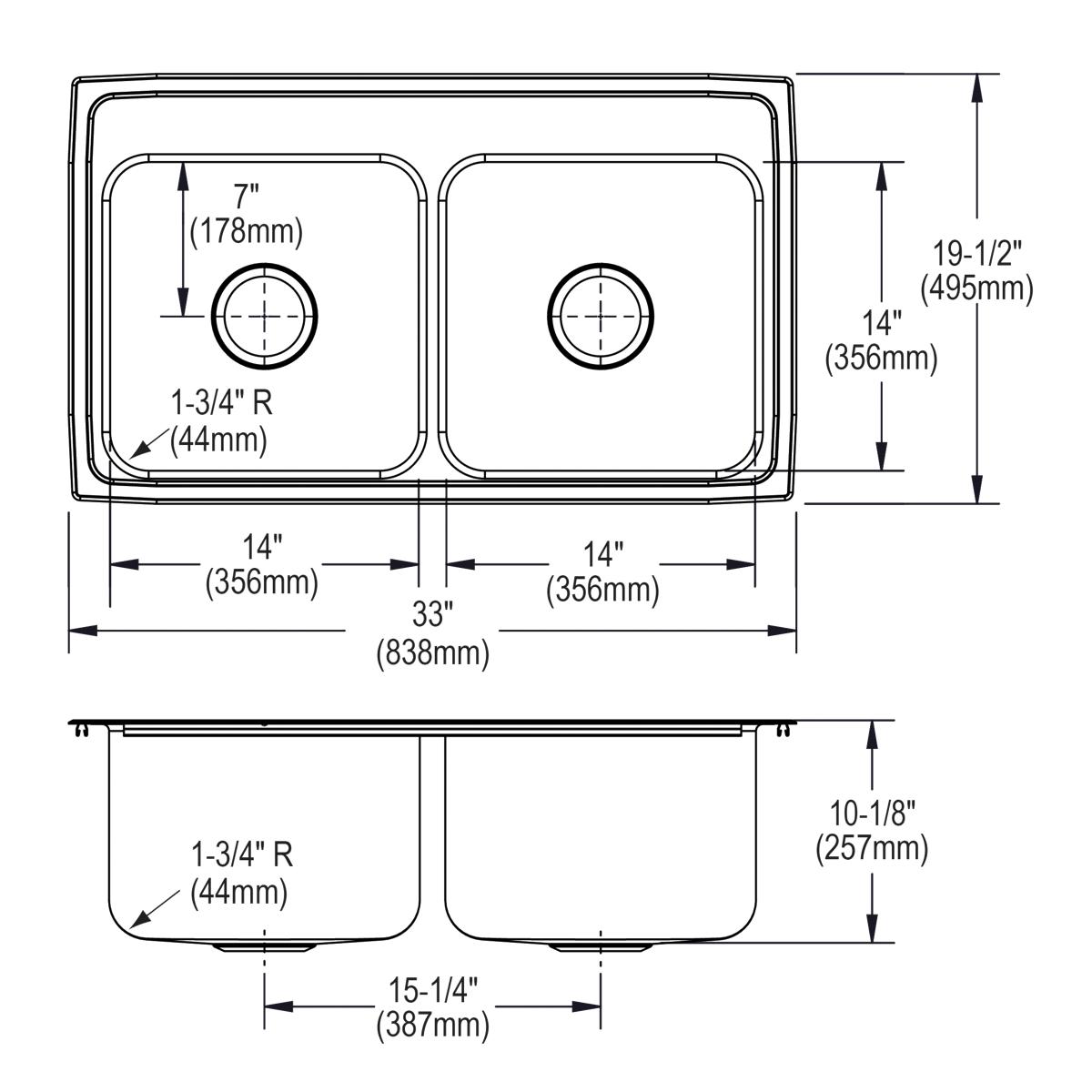 Elkay Lustertone Classic 33" Drop In/Topmount Stainless Steel Kitchen Sink, 50/50 Double Bowl, 1 Faucet Hole, DLRQ3319101