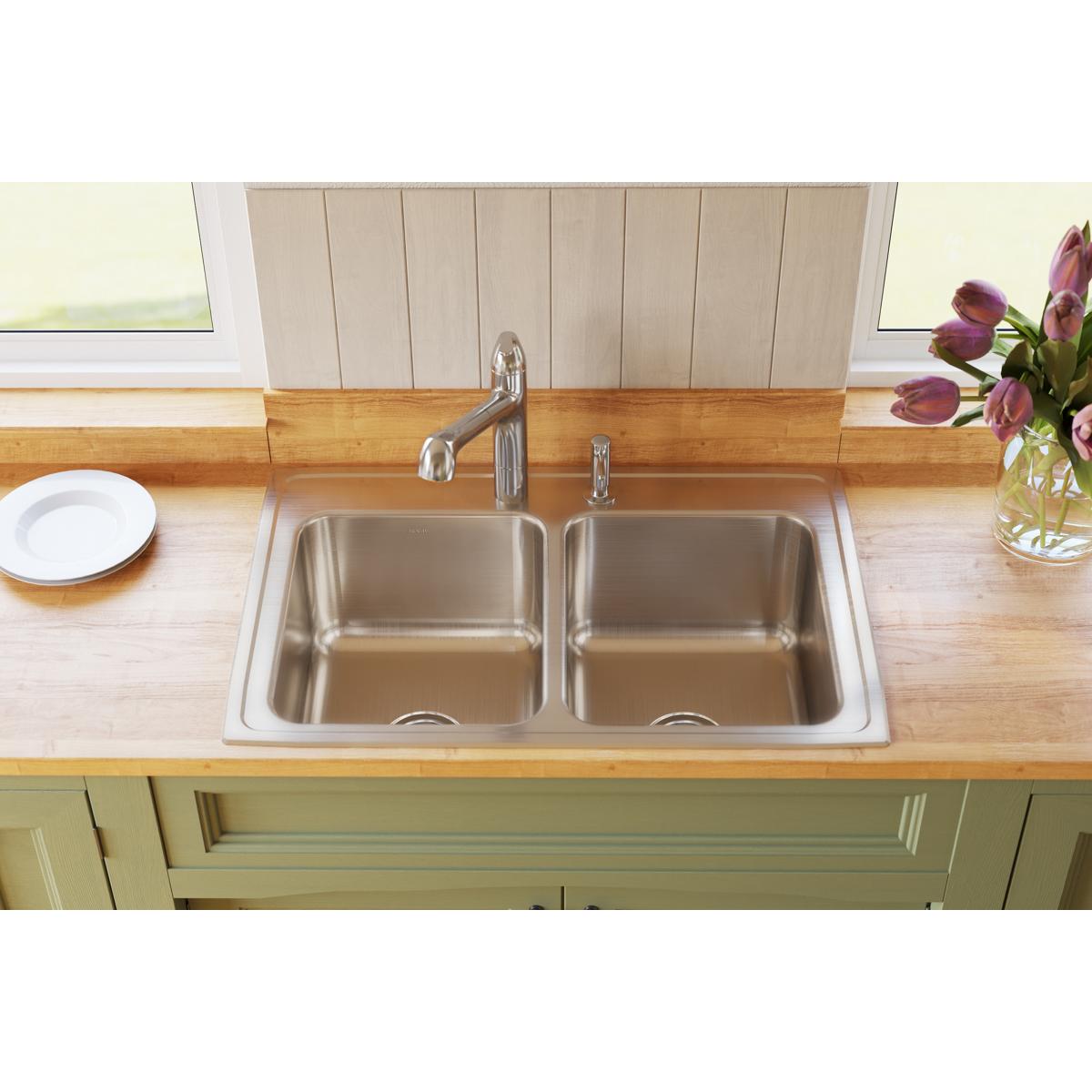 Alternate Image for Elkay Lustertone Classic 33" Drop In/Topmount Stainless Steel Kitchen Sink, 50/50 Double Bowl, Lustrous Satin, 18 Gauge, DLR3322100