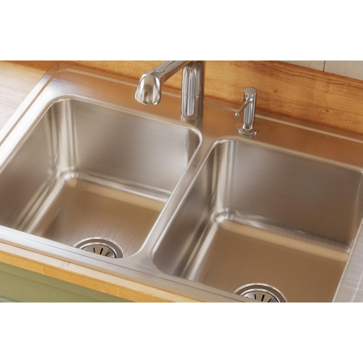 Alternate Image for Elkay Lustertone Classic 33" Drop In/Topmount Stainless Steel Kitchen Sink, 50/50 Double Bowl, Lustrous Satin, 5 Faucet Holes, DLR3322105