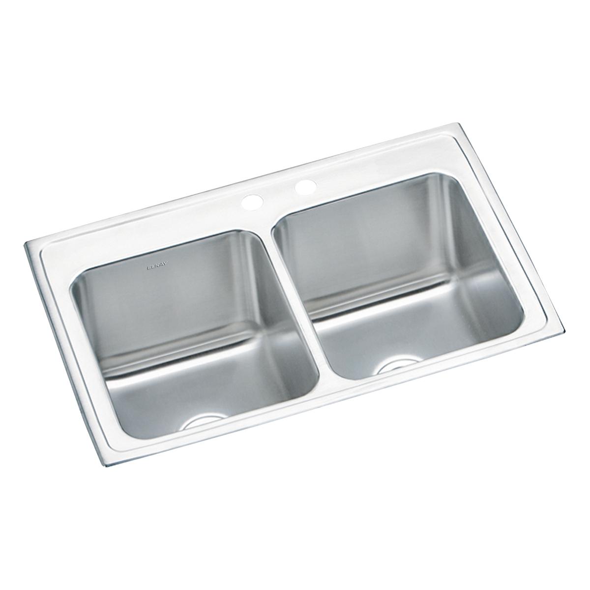 Elkay Lustertone Classic 33" Drop In/Topmount Stainless Steel Kitchen Sink, 50/50 Double Bowl, Lustrous Satin, MR2 Faucet Holes, DLR332210MR2