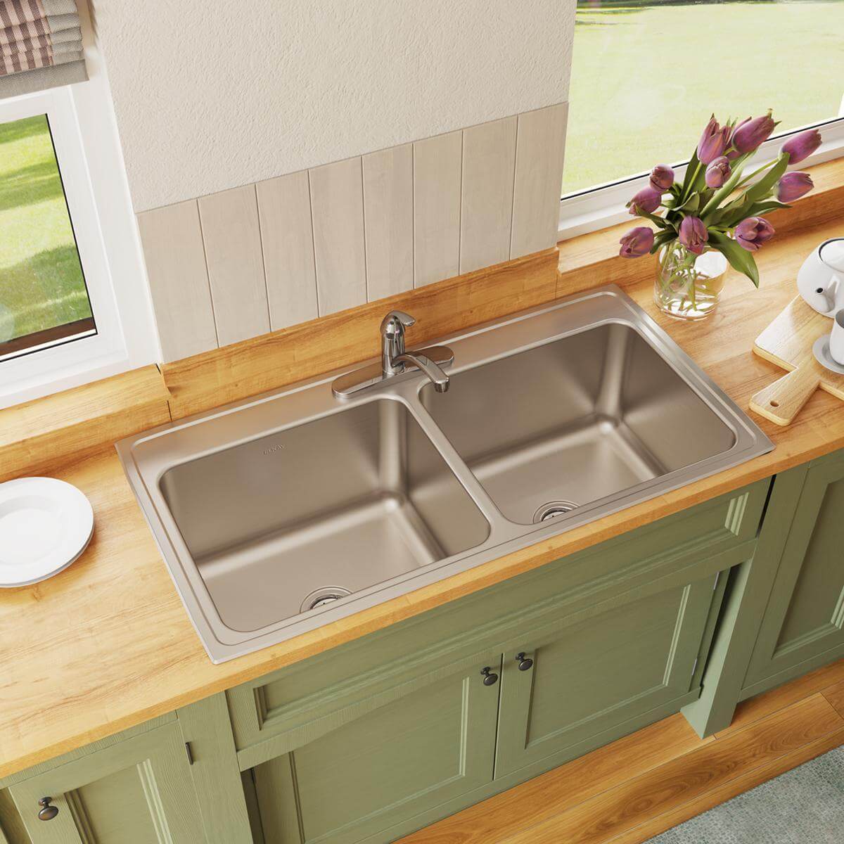 Alternate Image for Elkay Lustertone Classic 43" Drop In/Topmount Stainless Steel Kitchen Sink, 50/50 Double Bowl, Lustrous Satin, MR2 Faucet Holes, DLR432212MR2