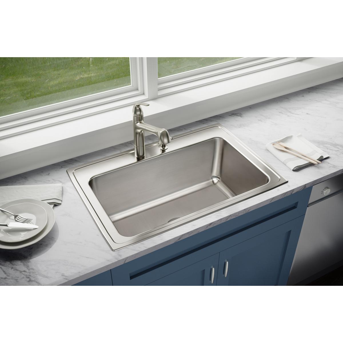 Elkay Lustertone Classic 33" Drop In/Topmount Stainless Steel Kitchen Sink, Lustrous Satin, 5 Faucet Holes, DLRS3322125