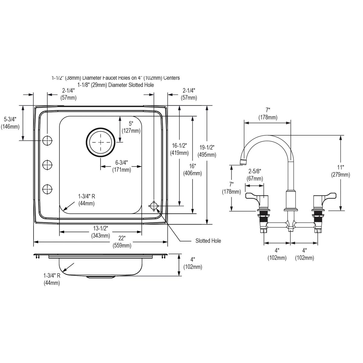 Elkay Lustertone Classic 22" Drop In/Topmount Stainless Steel ADA Classroom Sink Kit with Faucet, Lustrous Satin, 4 Faucet Holes, DRKAD222040C