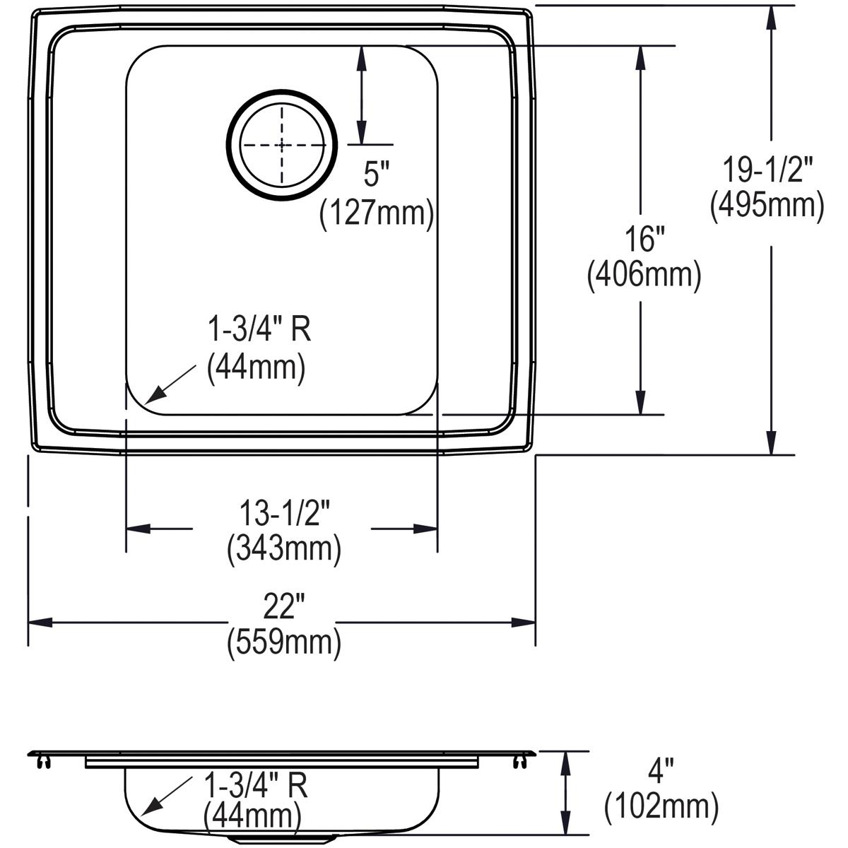 Elkay Lustertone Classic 22" Drop In/Topmount Stainless Steel ADA Classroom Sink, Lustrous Satin, No Faucet Hole, DRKAD2220400