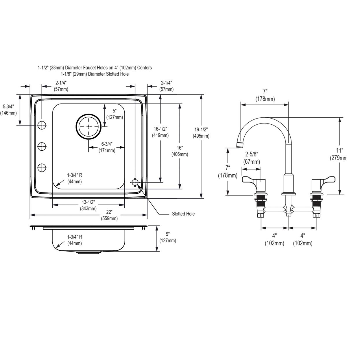 Elkay Lustertone Classic 22" Drop In/Topmount Stainless Steel ADA Classroom Sink Kit with Faucet, Lustrous Satin, 4 Faucet Holes, DRKAD222050C