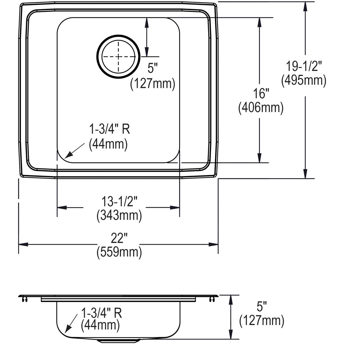 Elkay Lustertone Classic 22" Drop In/Topmount Stainless Steel ADA Classroom Sink, Lustrous Satin, 2LM Faucet Holes, DRKAD2220502LM