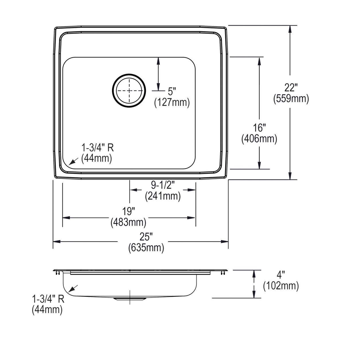 Alternate Image for Elkay Lustertone Classic 25" Drop In/Topmount Stainless Steel ADA Classroom Sink, Lustrous Satin, 4 Faucet Holes, DRKADQ252240R4