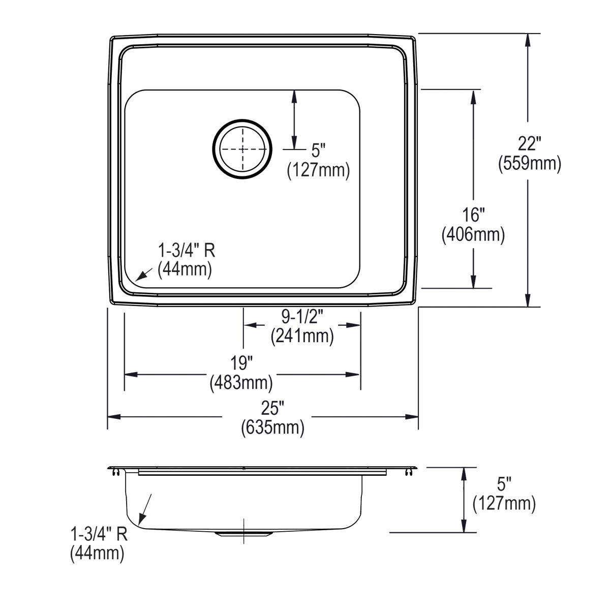 Elkay Lustertone Classic 25" Drop In/Topmount Stainless Steel ADA Classroom Sink, Lustrous Satin, 3 Faucet Holes, DRKAD252250R3