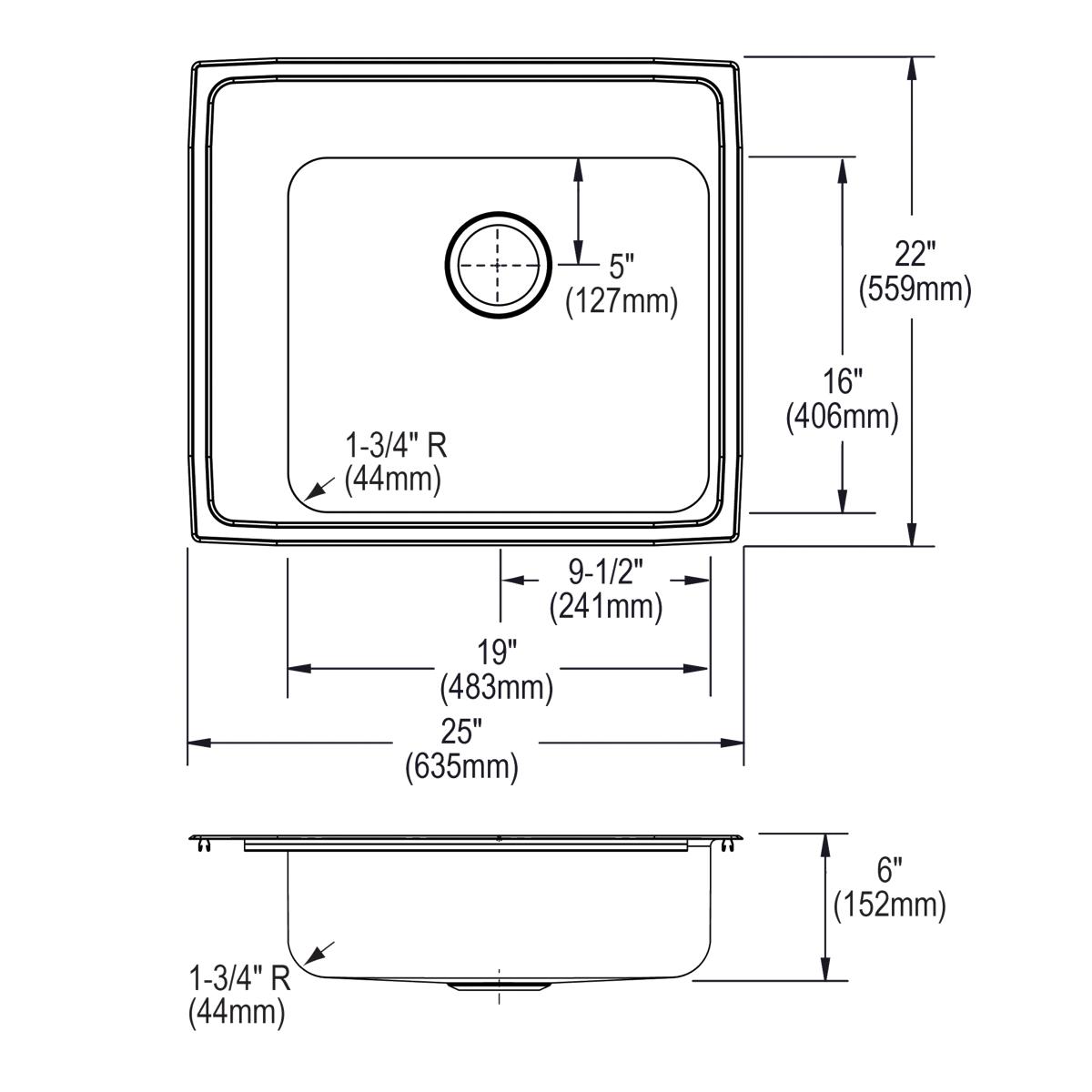 Elkay Lustertone Classic 25" Drop In/Topmount Stainless Steel ADA Classroom Sink, Lustrous Satin, 2 Faucet Holes, DRKAD252260L2