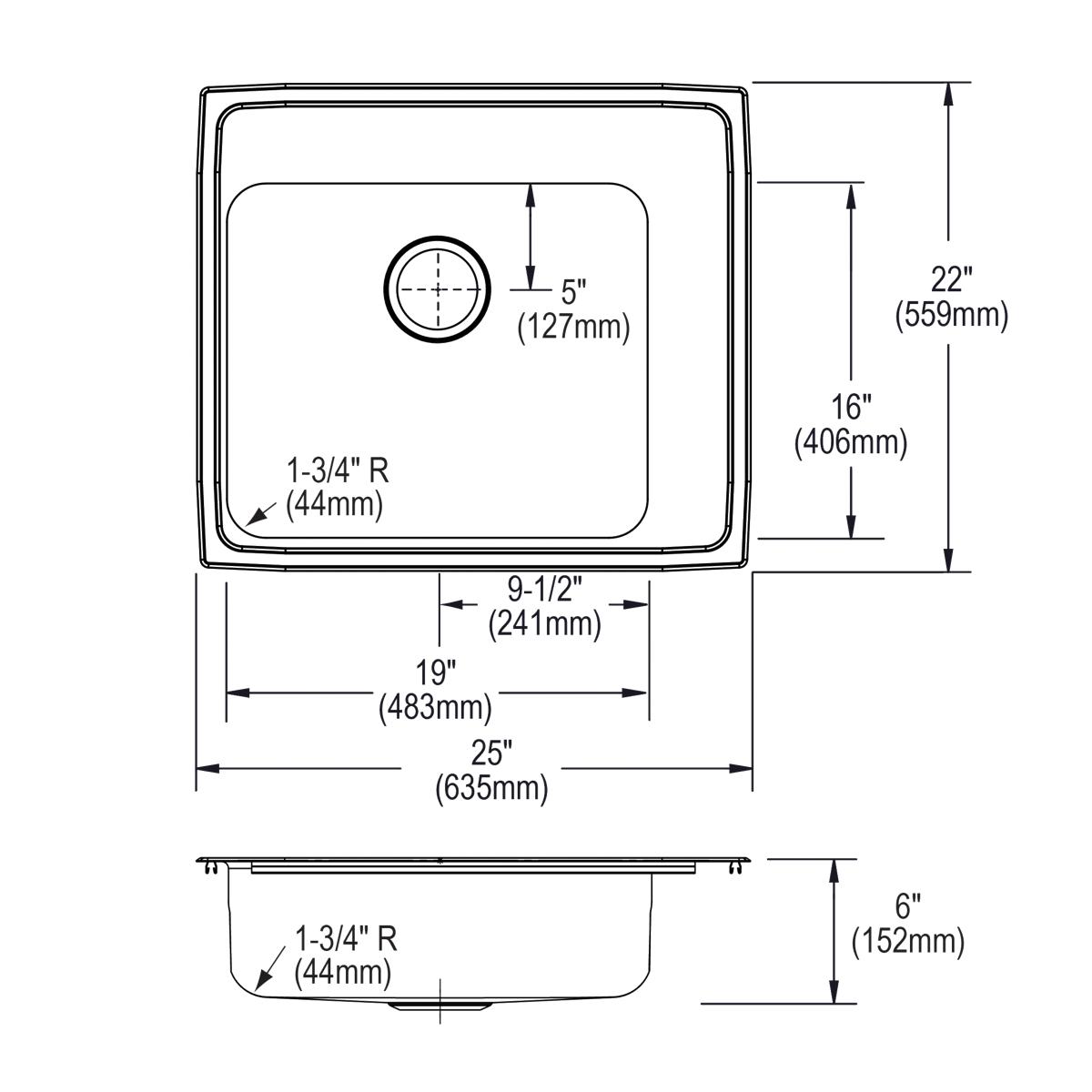 Elkay Lustertone Classic 25" Drop In/Topmount Stainless Steel ADA Classroom Sink, Lustrous Satin, 3 Faucet Holes, DRKAD252260R3