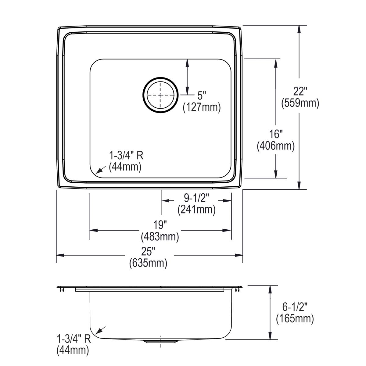 Elkay Lustertone Classic 25" Drop In/Topmount Stainless Steel ADA Classroom Sink, Lustrous Satin, 2 Faucet Holes, DRKAD252265L2