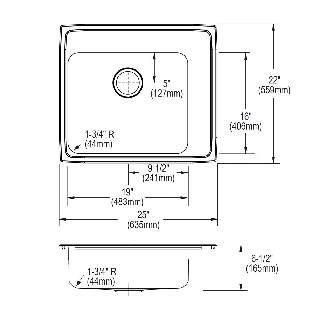 Elkay Lustertone Classic 25" Drop In/Topmount Stainless Steel ADA Classroom Sink, Lustrous Satin, 4 Faucet Holes, DRKADQ252265R4