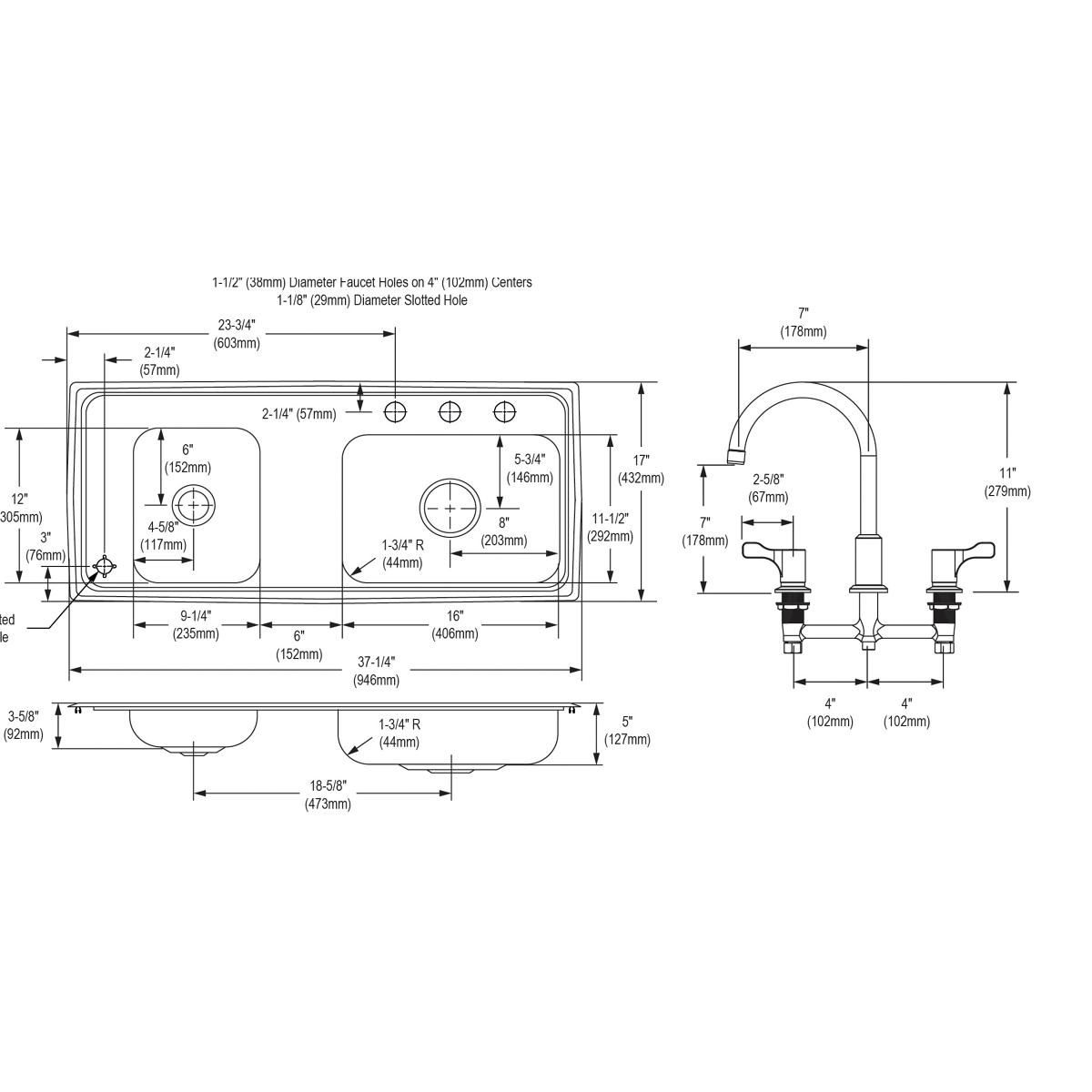 Elkay Lustertone Classic 37" Drop In/Topmount Stainless Steel ADA Classroom Sink Kit with Faucet, 40/60 Double Bowl, Lustrous Satin, 4 Faucet Holes, DRKAD371750LC