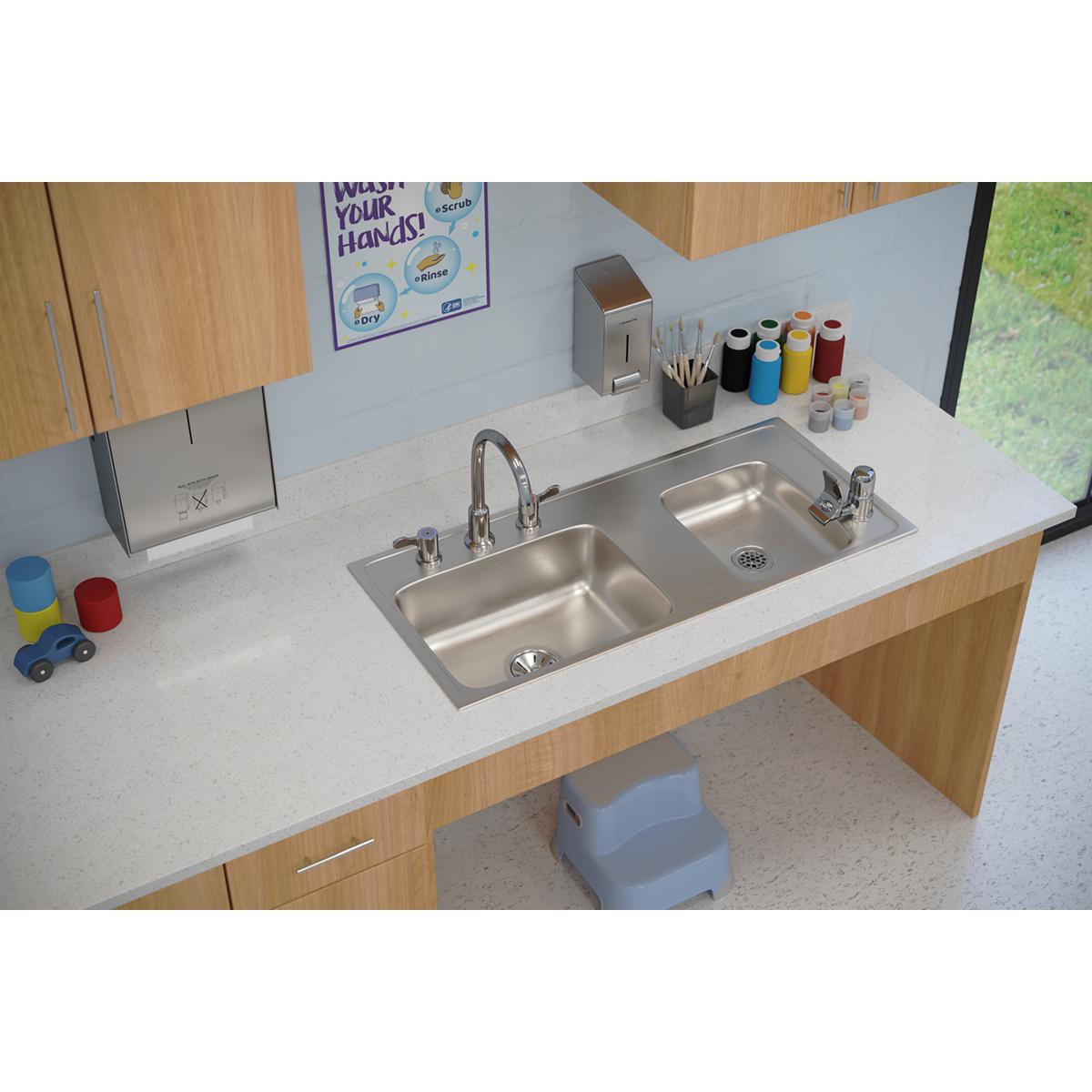 Elkay Lustertone Classic 37" Drop In/Topmount Stainless Steel ADA Classroom Sink, Double Bowl, Lustrous Satin, 4 Faucet Holes, DRKAD371760R4