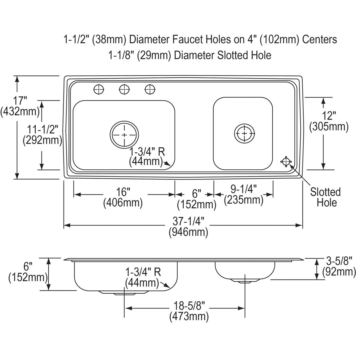 Alternate Image for Elkay Lustertone Classic 37" Drop In/Topmount Stainless Steel ADA Classroom Sink, Double Bowl, Lustrous Satin, 4 Faucet Holes, DRKAD371760R4