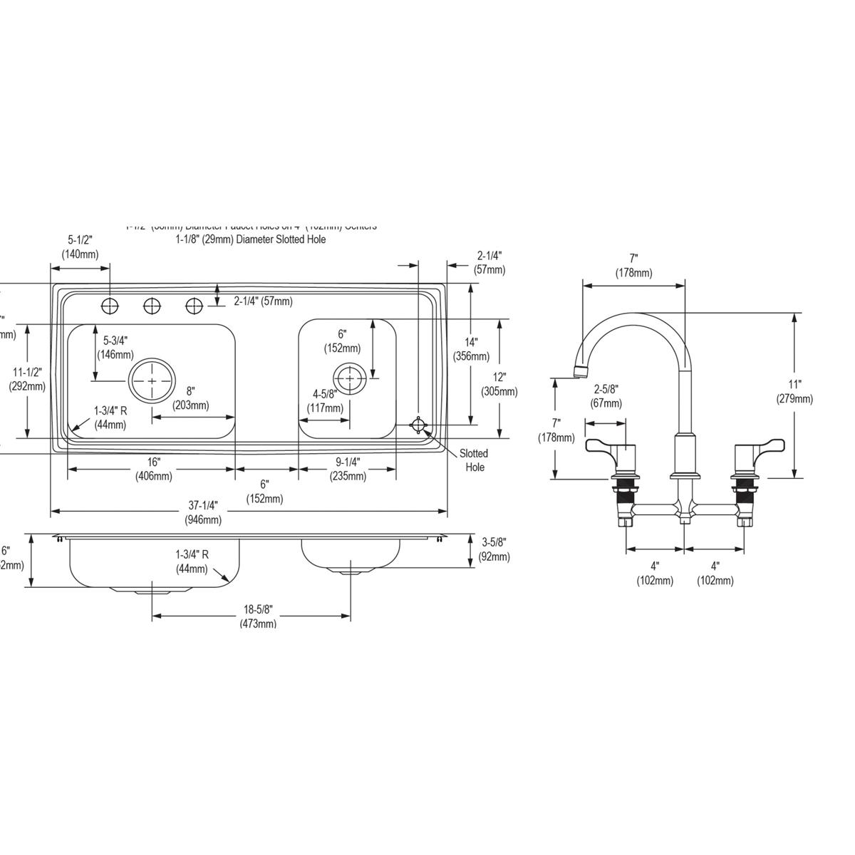 Elkay Lustertone Classic 37" Drop In/Topmount Stainless Steel ADA Classroom Sink Kit with Faucet, 60/40 Double Bowl, Lustrous Satin, 4 Faucet Holes, DRKAD371760RC