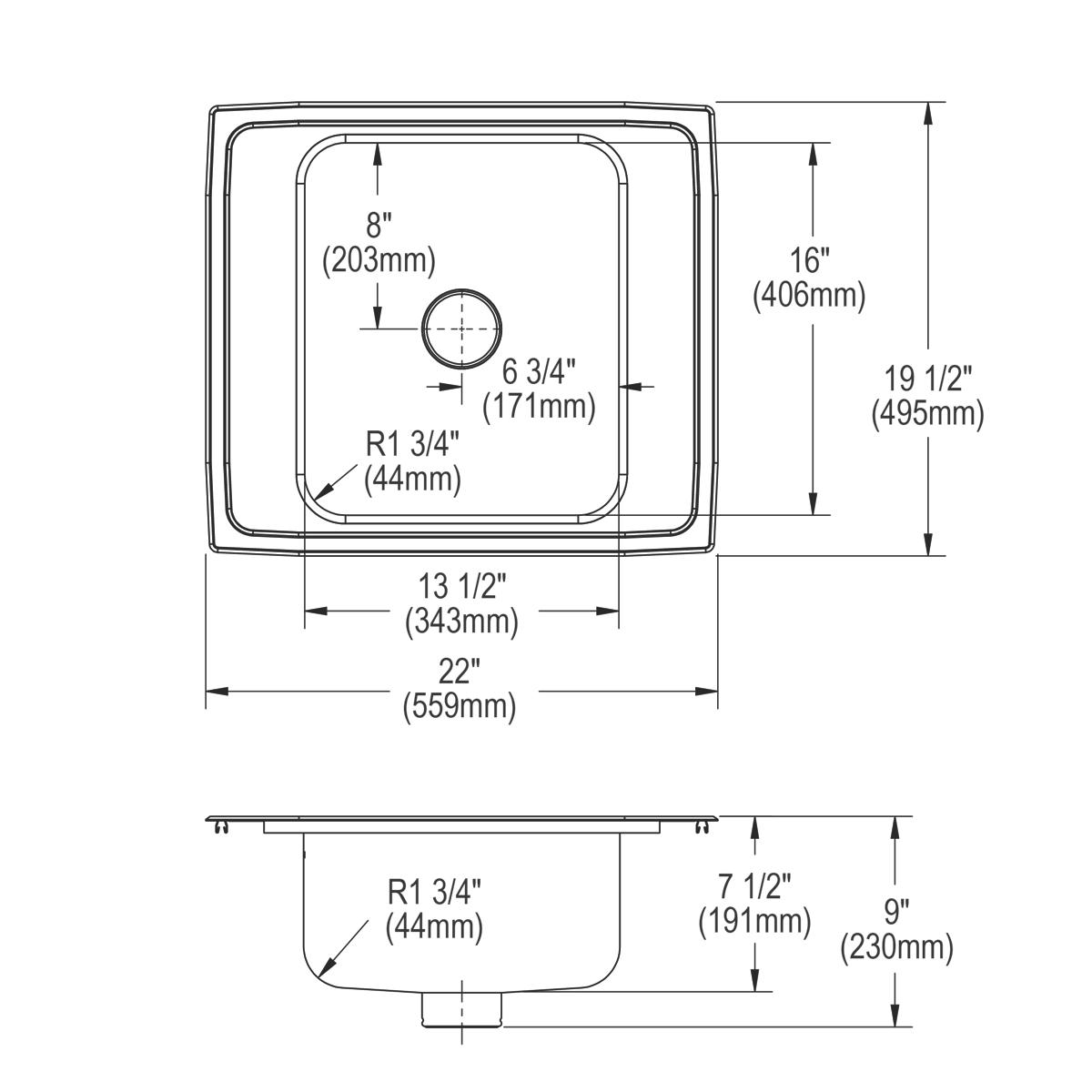 Alternate Image for Elkay Lustertone Classic 22" Drop In/Topmount Stainless Steel Classroom Sink, Lustrous Satin, 4 Faucet Holes, DRKR2220PD4