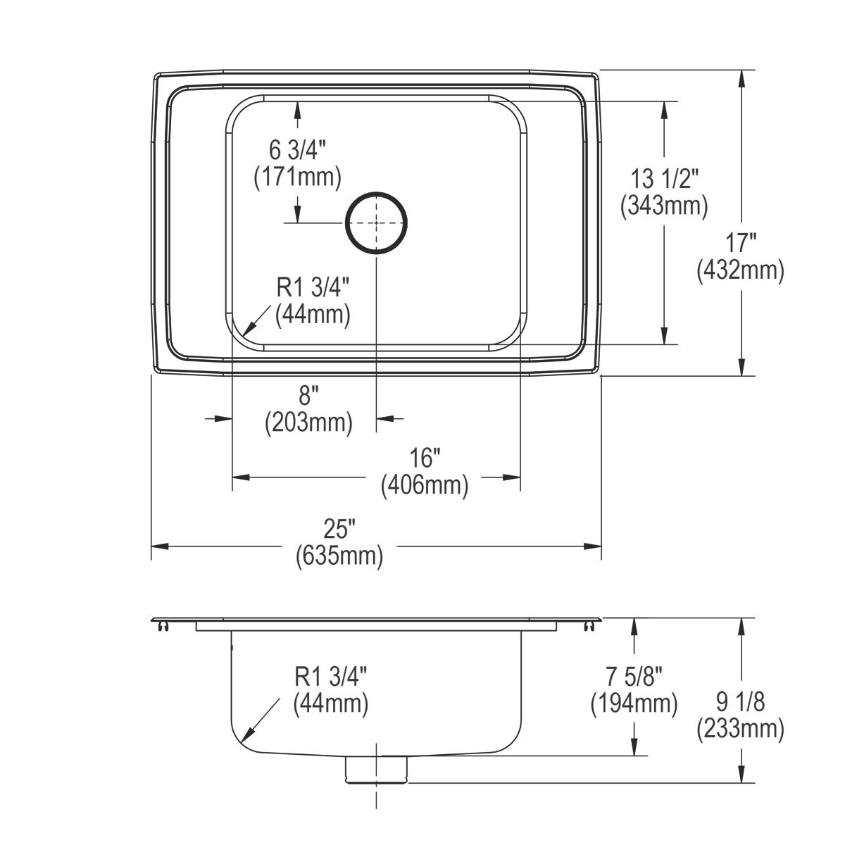 Elkay Lustertone Classic 25" Drop In/Topmount Stainless Steel Classroom Sink, Lustrous Satin, 2 Faucet Holes, DRKR2517PD2